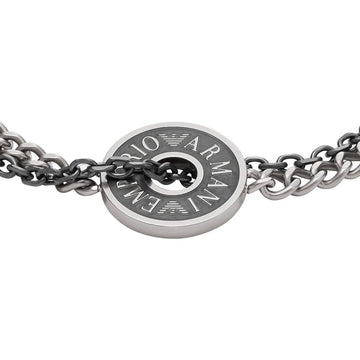 Ανδρικό βραχιόλι Emporio Armani EGS3094040 από ανοξείδωτο ατσάλι με διπλή αλυσίδα σε ασημί και μαύρο χρώμα με στρογγυλό μοτίφ.